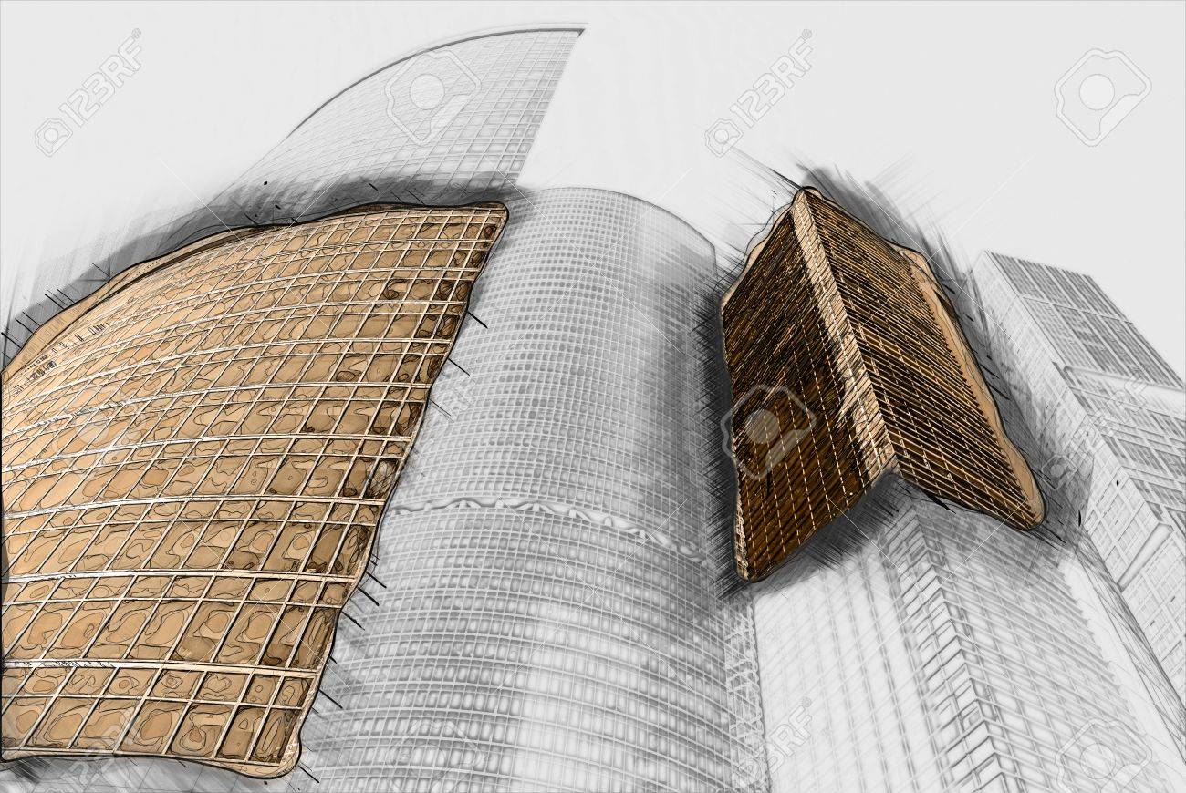 近代的なオフィスビル 旅行シーンの絵は 鉛筆の背景の輪郭を描画 の写真素材 画像素材 Image