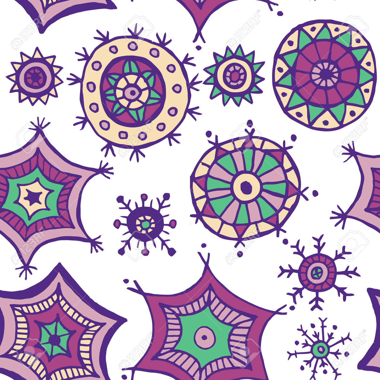 Disegno A Mano Scarabocchi Fiocchi Di Neve Colorati Disposti In Uno Schema Senza Soluzione Di Continuità Modelli Circolari Tribale Elementi Astratti