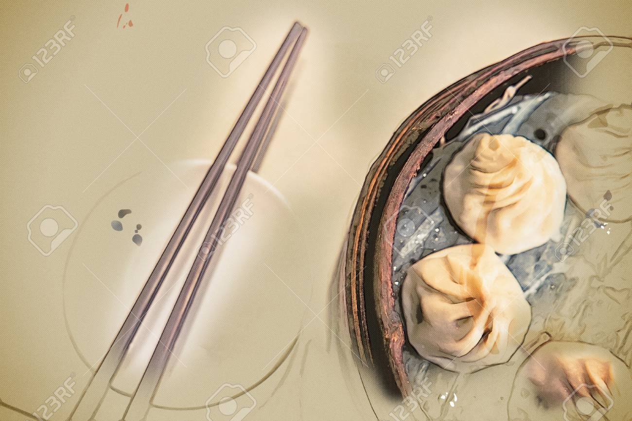 伝統的な中国料理 蒸し餃子はテーブル木製皿と割り箸を提供しています ヴィンテージ塗装 背景イラスト 美しい絵 旅行テクスチャ の写真素材 画像素材 Image