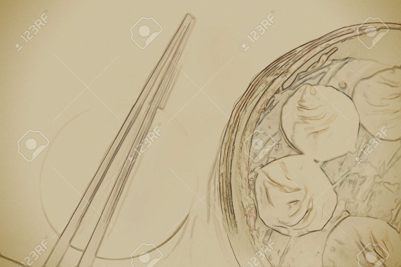 伝統的な中国料理 蒸し餃子はテーブル木製皿と割り箸を提供しています ヴィンテージ塗装 背景イラスト 美しい絵 旅行テクスチャ の写真素材 画像素材 Image