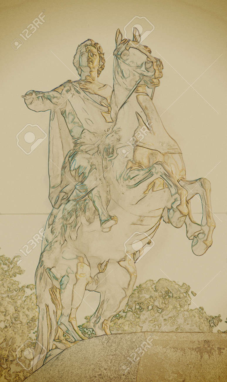 額装品　古典版画　ピュートル大帝の青銅騎馬像　ロシア 青銅の騎士、ピョートル大帝は、サンクトペテルブルク、ロシアの