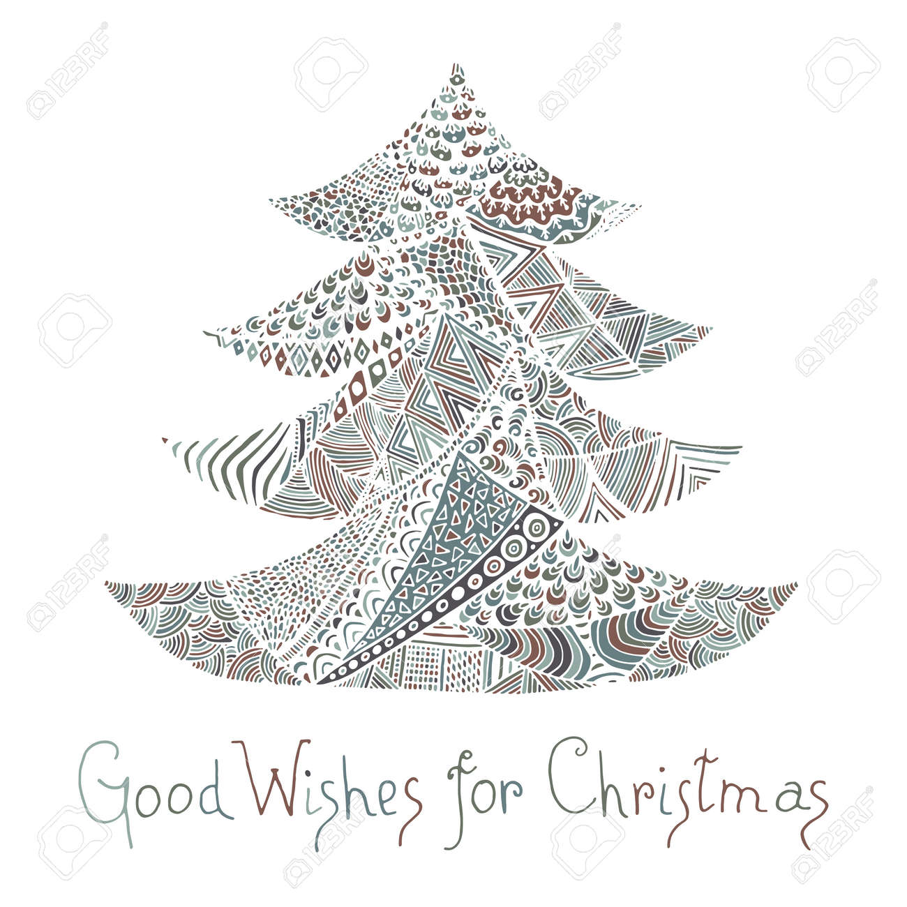 新年あけましておめでとうございます メリー クリスマス カード Zentangle スタイルの文字色のクリスマス ツリー のイラスト素材 ベクタ Image