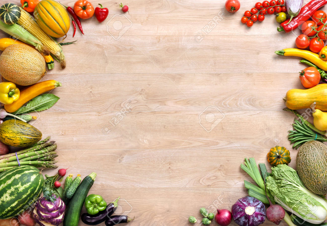 Healthy Food Background, Studio Photo Of Different Fruits And Vegetables On  Wooden Table Stock Photo, Picture and Royalty Free Image. Image 52848966.