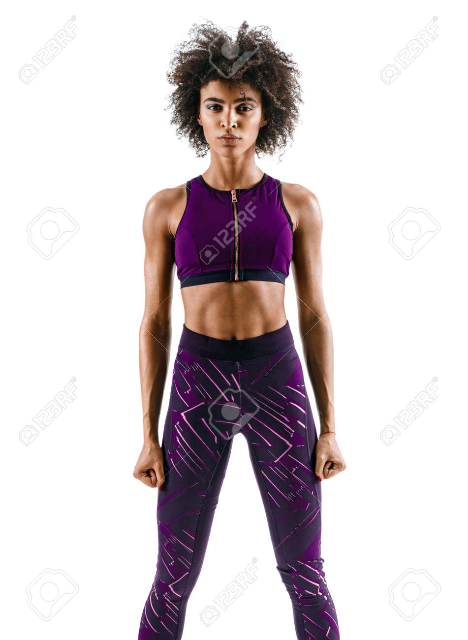 Strong african girl posing in silhouette on white background. Sports - 92337377 Strong african girl posing in silhouette on white background. Sports - 92337377