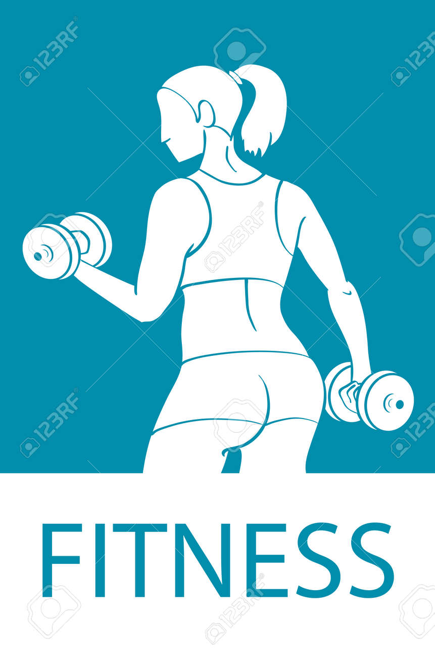 フィットネス クラブやジムのバナーやポスターのデザイン ダンベル運動の女性のシルエット フリーのフォントが使用されます アートのイラスト素材 ベクタ Image