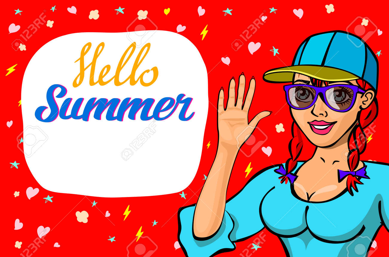 こんにちは夏のグリーティング カードをレタリングします ようこそを振る少女 サングラスの女の子 幸せな子が挨拶します ドレスで文字を笑ってかわいい漫画 笑顔の女性 背景平面ベクトル イラストのイラスト素材 ベクタ Image