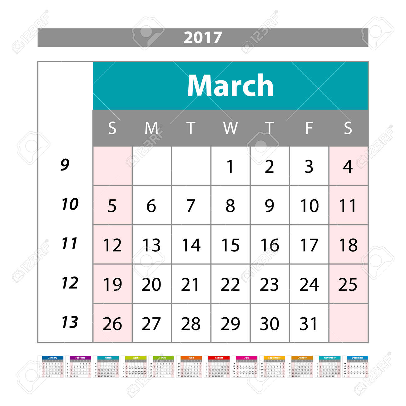 17 年 3 月のシンプルなデジタル カレンダー ベクトル印刷可能なカレンダー 毎月のスケジューラ 週は日曜日に開始します 英語カレンダー アートのイラスト素材 ベクタ Image