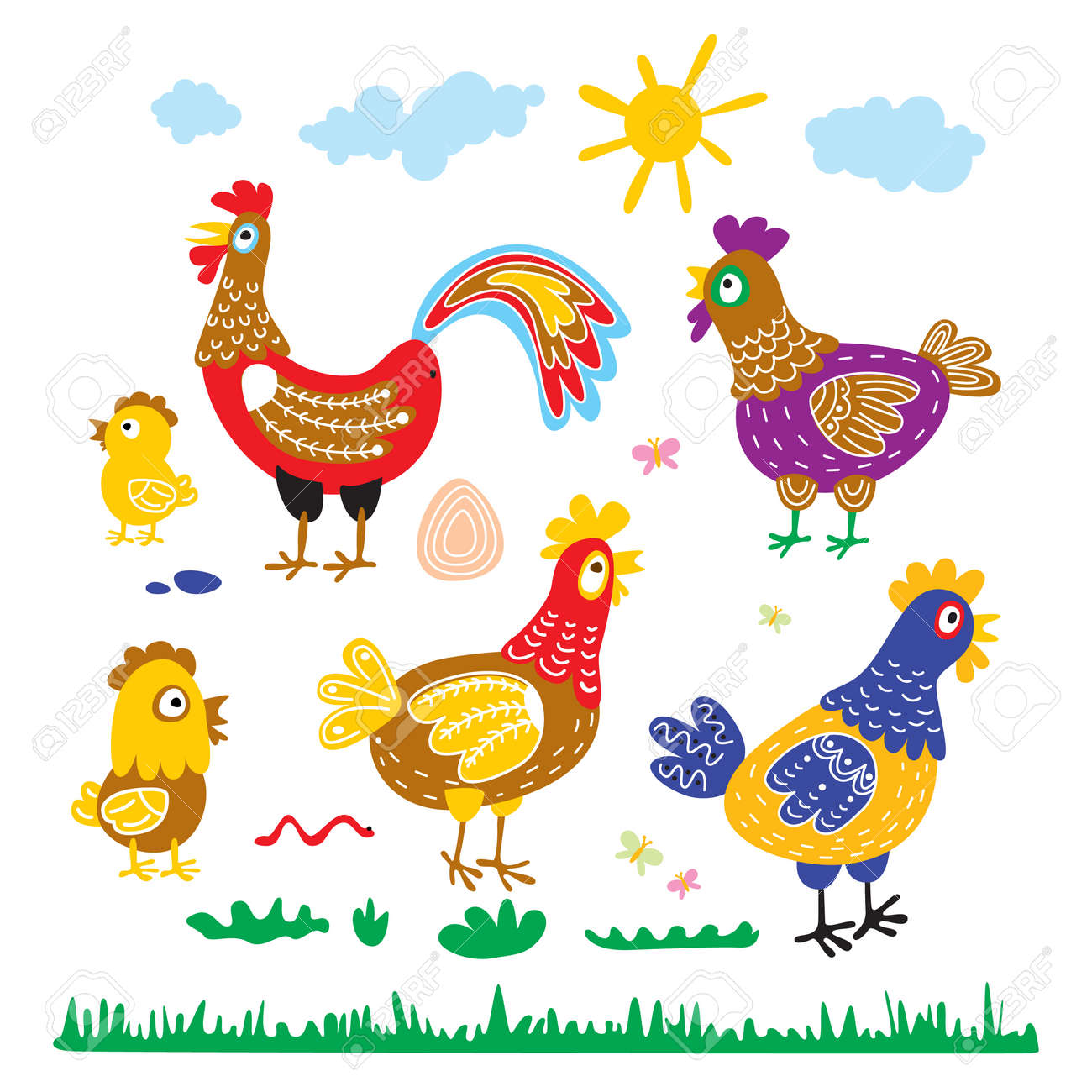 Set De Poulet Poule De Coq Pour Les Enfants Le Caractere Heureux Les Oiseaux Lumineux Illustrations Pour Les Cartes Postales T Shirts Des Illustrations Des Calendriers Anniversaire Clip Art Libres De Droits