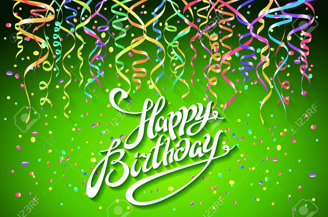 Carte De Joyeux Anniversaire De Vecteur Avec Fond Vert Avec Des Confettis Colores Style Plat Moderne Art Clip Art Libres De Droits Vecteurs Et Illustration Image