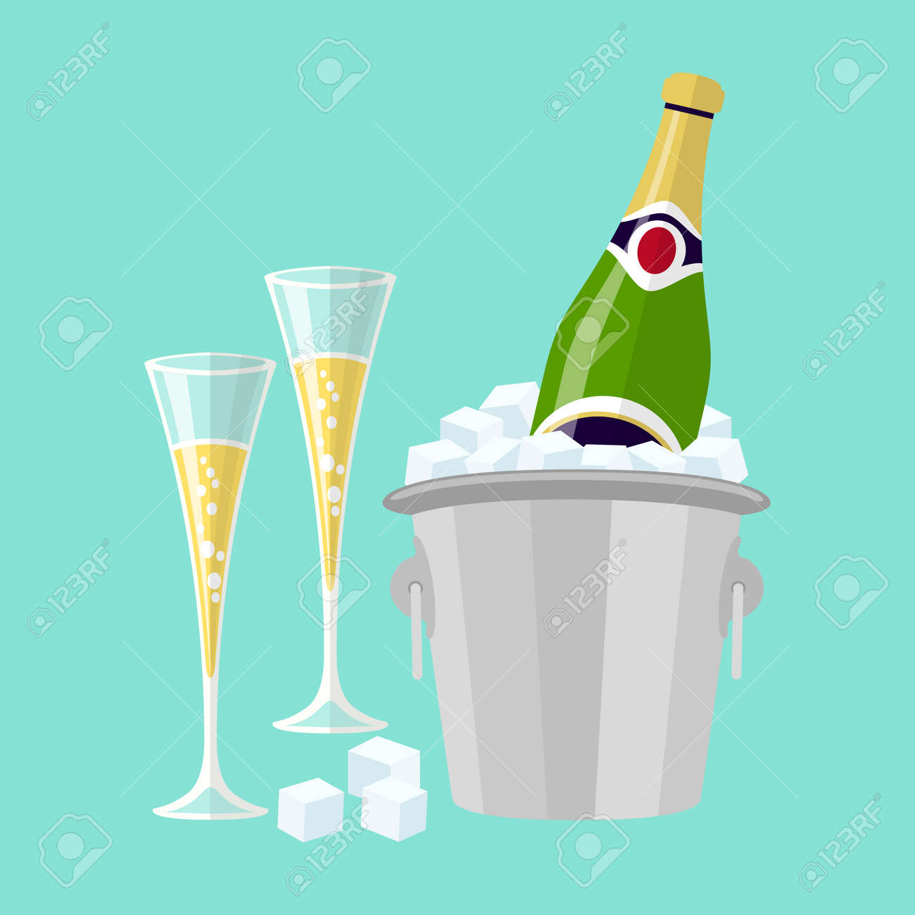 バケツに氷とシャンパン ワイン アートのベクトル フラット ガラスのグラスでシャンパン ボトルのイラスト素材 ベクタ Image