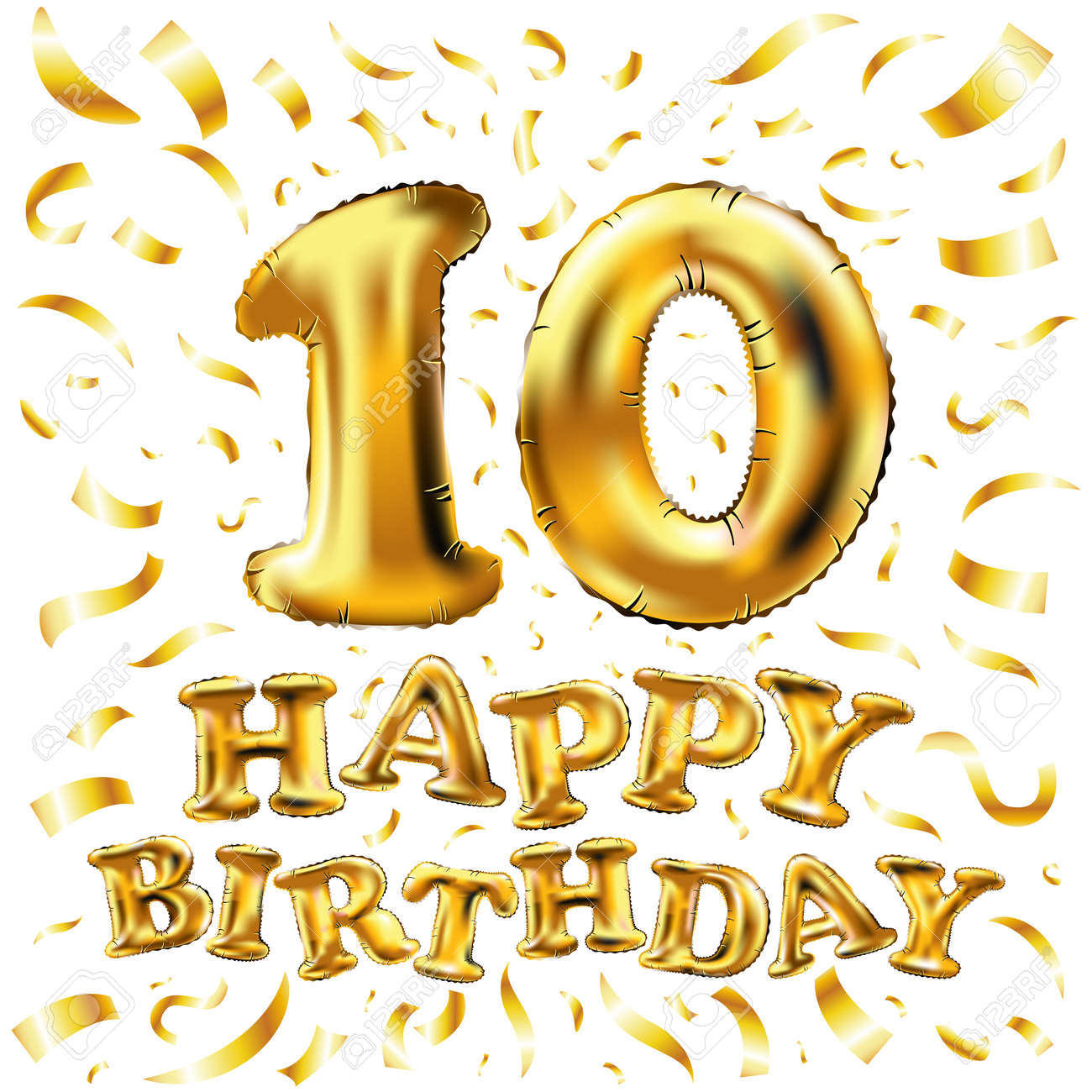 ベクター幸せな誕生日金数十メタリックバルーン 10 パーティーの装飾 休日の祭典 カーニバル 新年の記念標識です 金属製のデザインのバルーン アートの イラスト素材 ベクタ Image