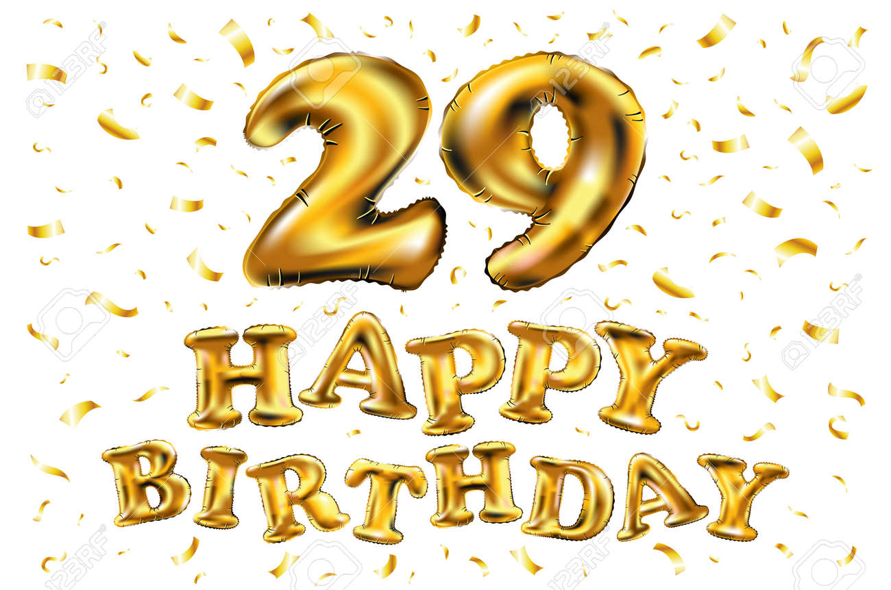 Vecteur Joyeux Anniversaire 29e Celebration Ballons D Or Et Paillettes De Confettis D Or Illustration 3d Design Pour Votre Carte De Voeux Invitation Et Fete De Celebration De Vingt Neuf Ans 29 Ans Clip