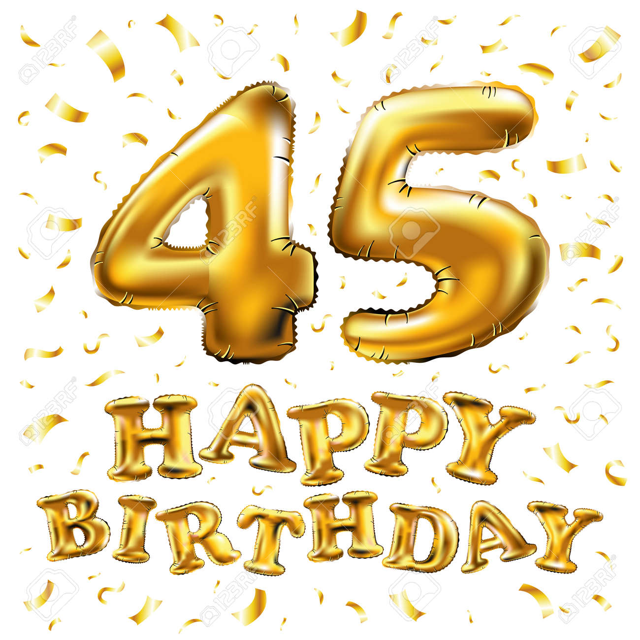 Vettoriale Vettore Buon Compleanno 45 Celebrazione Palloncini D Oro E Glitter Coriandoli Dorati Illustrazione 3d Per Il Tuo Biglietto Di Auguri Invito E Festa Di Quarantacinque 45 Anni Image