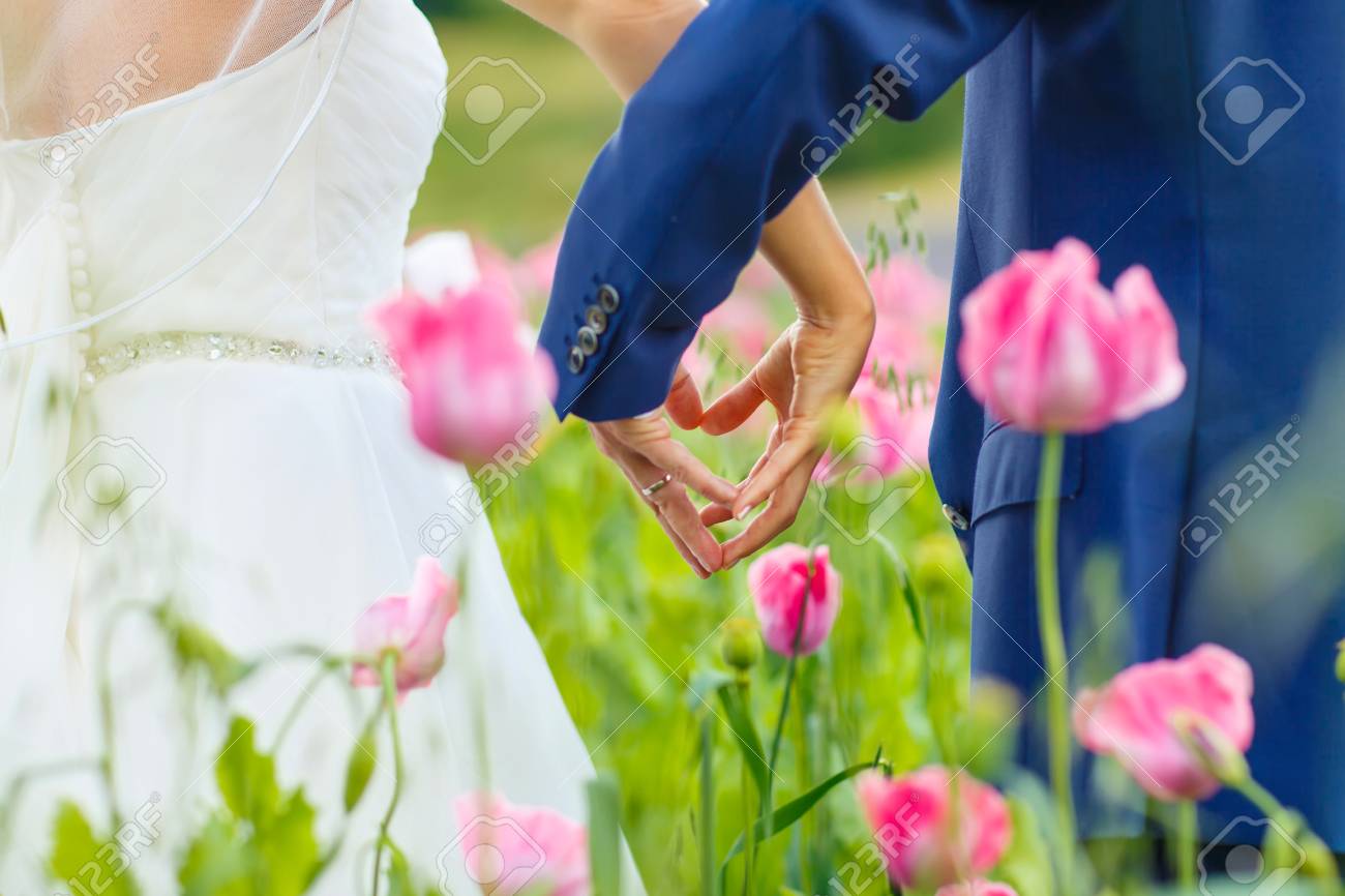 ピンクのポピー フィールドで幸せな結婚式です 美しい花嫁 白いドレスとオーデル年配の男性で 若い女性のキスをし 夏の日に花畑 で楽しんで新郎します ちょうど結婚し 若い家族 の写真素材 画像素材 Image