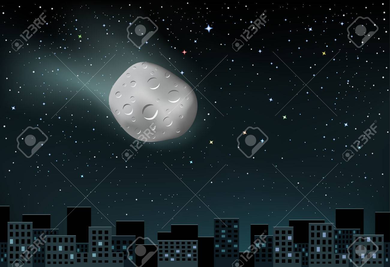 夜の街を介して落下星の背景に大きな光る隕石のイラスト素材 ベクタ Image