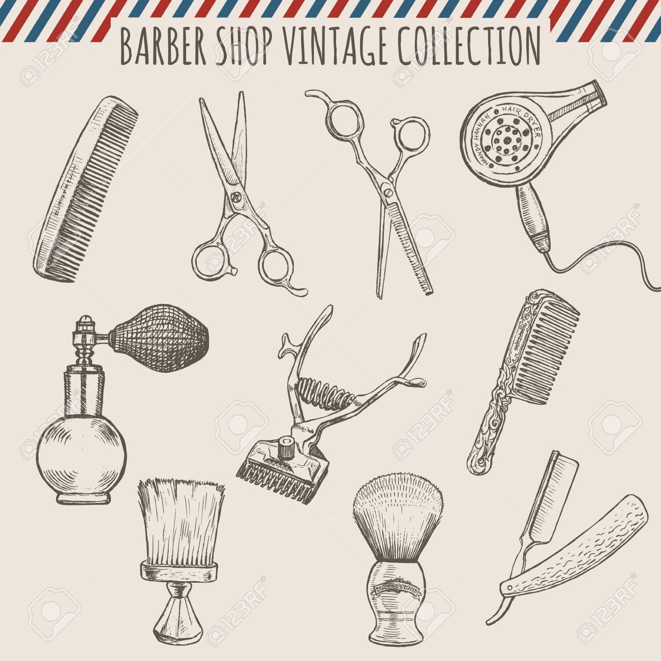 Vector Coiffeur Outils D Epoque Collection De Peigne Ciseaux Coupe De Cheveux Rasoir Brosse De Rasage Et L Atomiseur Crayon Dessine A La Main Illustration Le Style Freehand Clip Art Libres De Droits