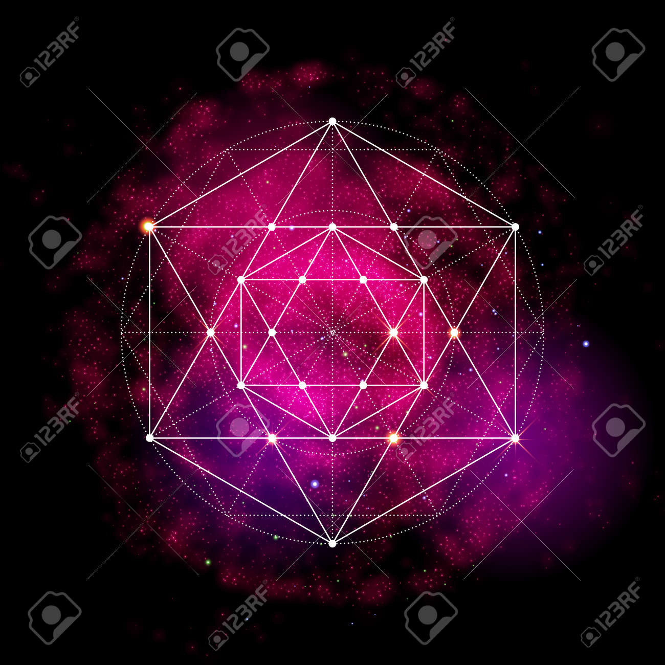 神聖な幾何学シンボル 宇宙のベクトル図を抽象化します Metatrons キューブの人生の花 領域の光る背景のネオン のイラスト素材 ベクタ Image