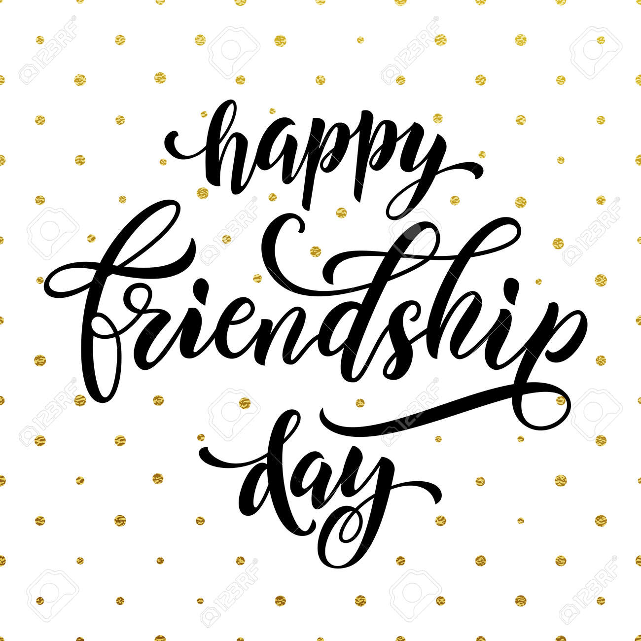 友人グリーティング カードに幸せな友情日レタリング 手書きのベクトル フリーハンド書道 白地に水玉黄金キラキラ のイラスト素材 ベクタ Image