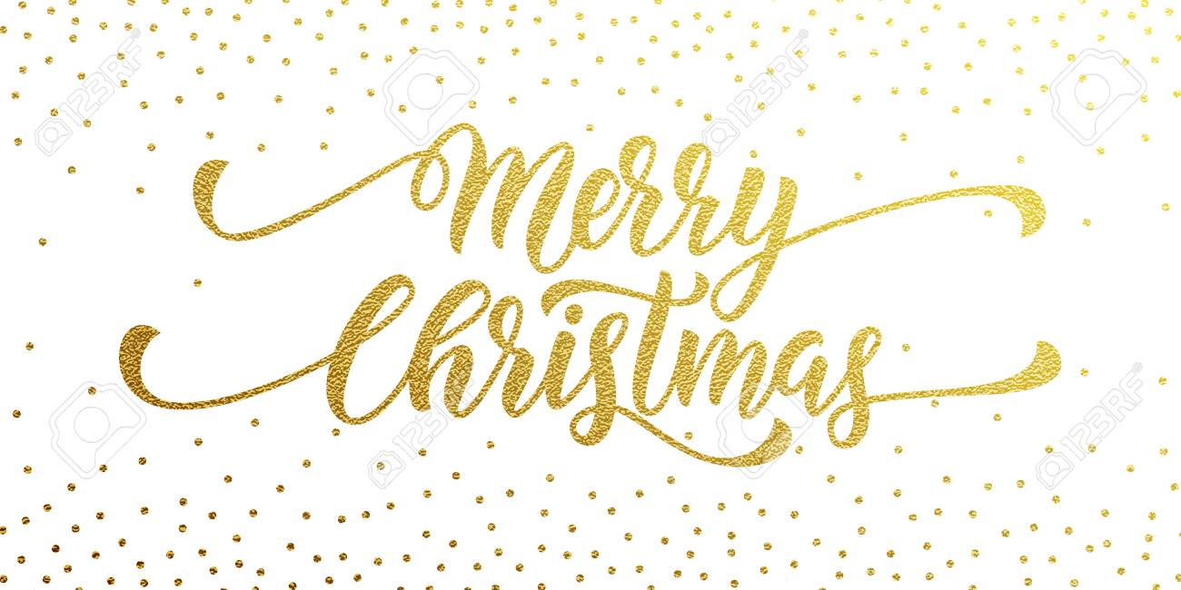 Conception De Lettrage En Or De Joyeux Noel En Or Carte De Voeux De Noel Affiche Neige Etincelante Doree Flocons De Neige Points Noirs Sur Fond Blanc Clip Art Libres De Droits
