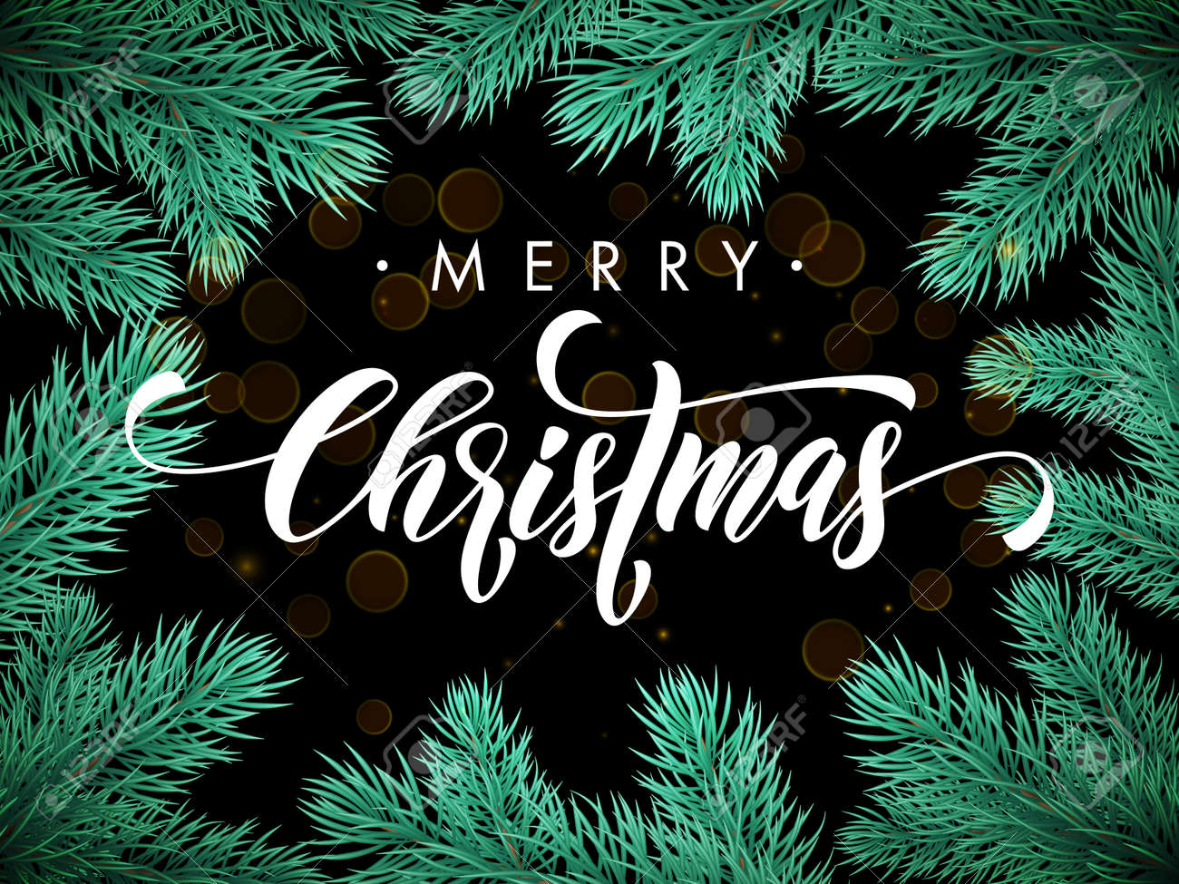 Carte De Voeux Joyeux Noel Modele D Affiche De Sapin Et Sapin Modele De Cadre De Frontiere De Branches D Arbre De Noel Meilleurs Voeux De Felicitation Fond Nuit Noire Avec Lettrage De Calligraphie