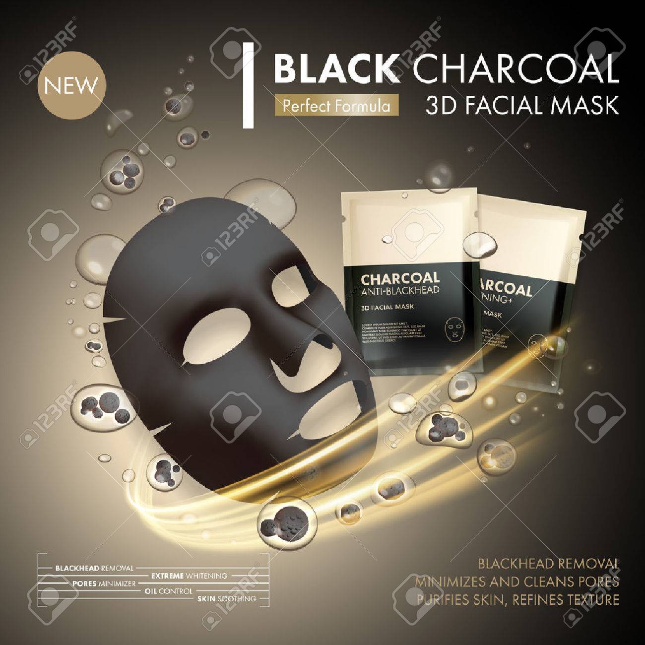 Anti-blackhead charcoal mask with black and gold sachet on golden water oil bubble with charcoal granule background. Skincare cleaning detox treatment. Face skincare premium ad design template - 66129692 Anti-blackhead charcoal mask with black and gold sachet on golden water oil bubble with charcoal granule background. Skincare cleaning detox treatment. Face skincare premium ad design template - 66129692