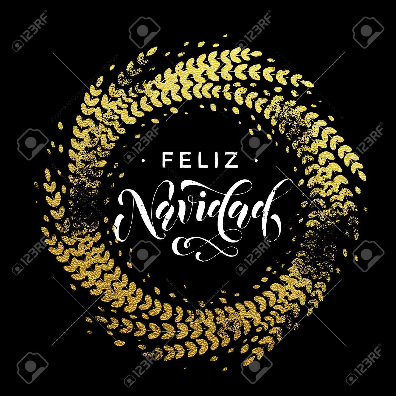 スペイン語メリー クリスマス フェリス ナヴィダ ゴールド グリーティング カード 黄金輝く装飾葉の花輪飾りの円およびテキスト書道文字の のイラスト素材 ベクタ Image