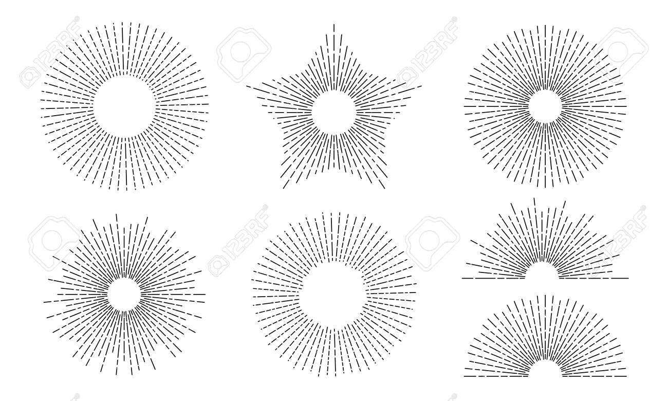 Sun rays lines vector icons set of circles, stars and bow shapes. Thin line and dashes symbols of sunshine and light beams on white background for graphic design element or vintage tattoo - 74077976 Sun rays lines vector icons set of circles, stars and bow shapes. Thin line and dashes symbols of sunshine and light beams on white background for graphic design element or vintage tattoo - 74077976