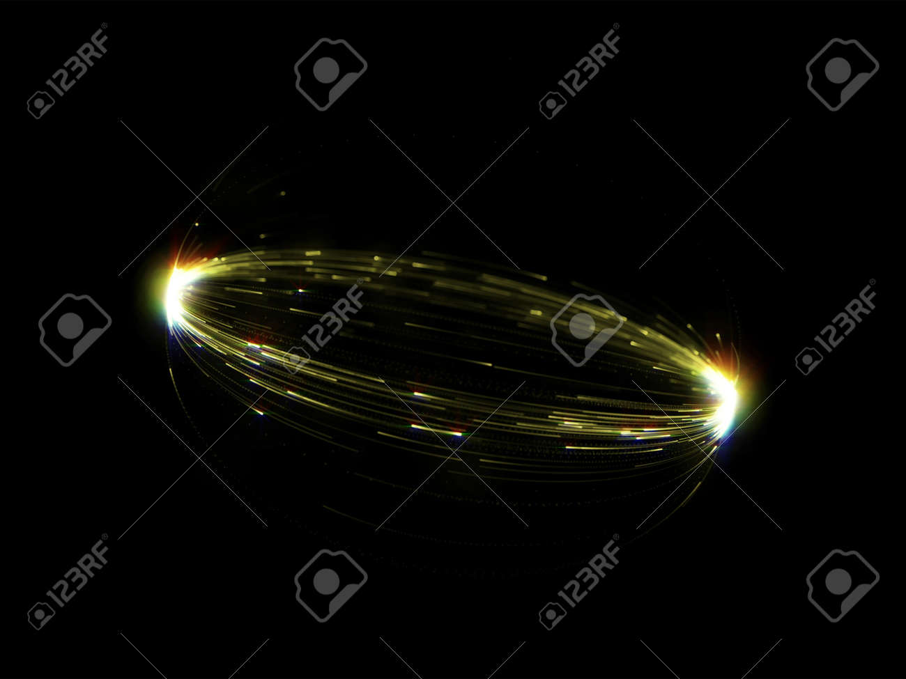 黒い背景にグレア効果と発光線のゴールドの光の輪 魔法未来ゴールデン サークル モーション背景の光 の写真素材 画像素材 Image