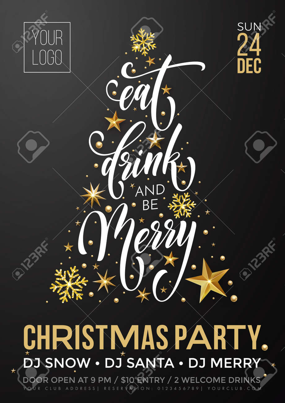 Christmas party invitation poster template of golden New Year decoration, Christmas tree of gold glitter star and snowflakes on premium black background. Vector calligraphy text for winter holiday - 88086300 Christmas party invitation poster template of golden New Year decoration, Christmas tree of gold glitter star and snowflakes on premium black background. Vector calligraphy text for winter holiday - 88086300