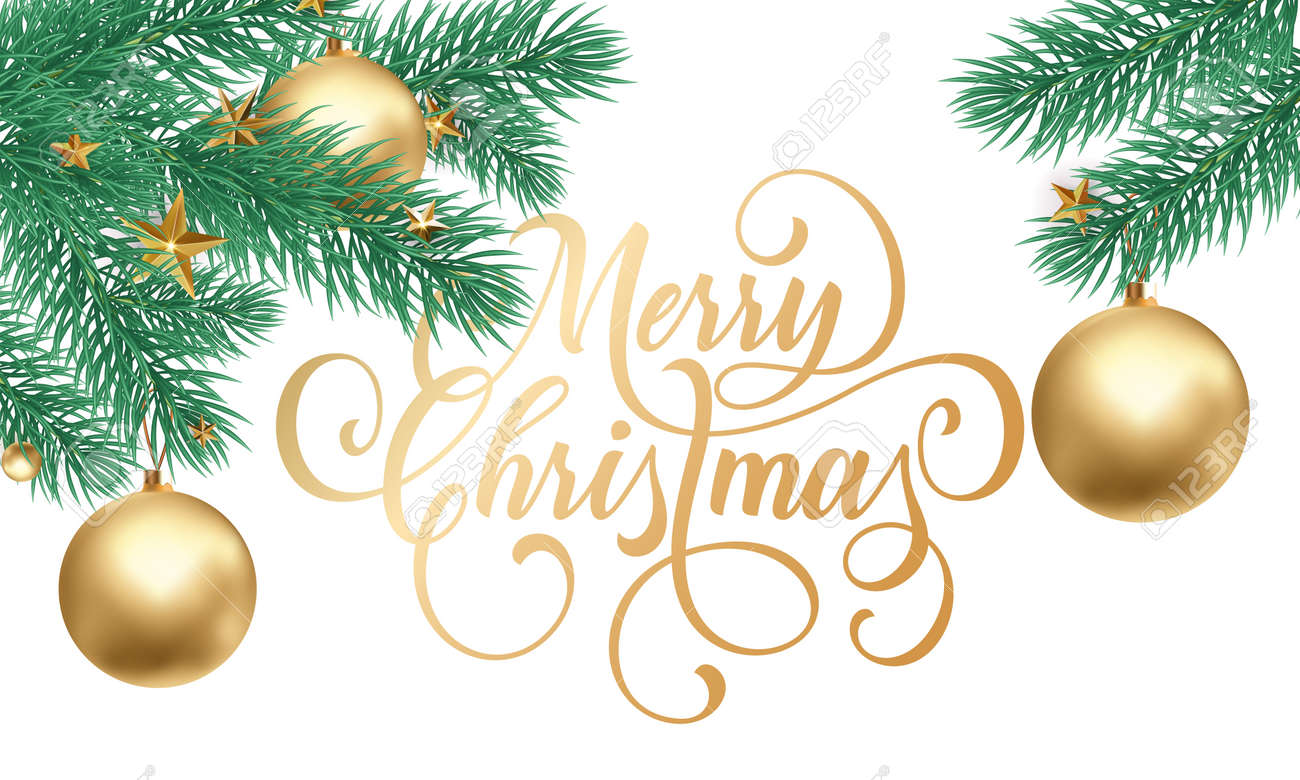 Merry Christmas Greeting Card Of Golden Decorations On Christmas