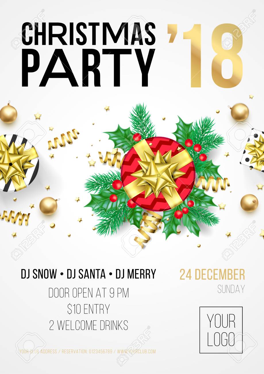Modele D Affiche Invitation Fete De Noel Pour Le 24 Decembre 2018 Celebration De Nuit De Vacances D Hiver Decoration Etoile Et Paillettes De Noel Dore Sur Fond De Fete Blanche Prime Clip Art