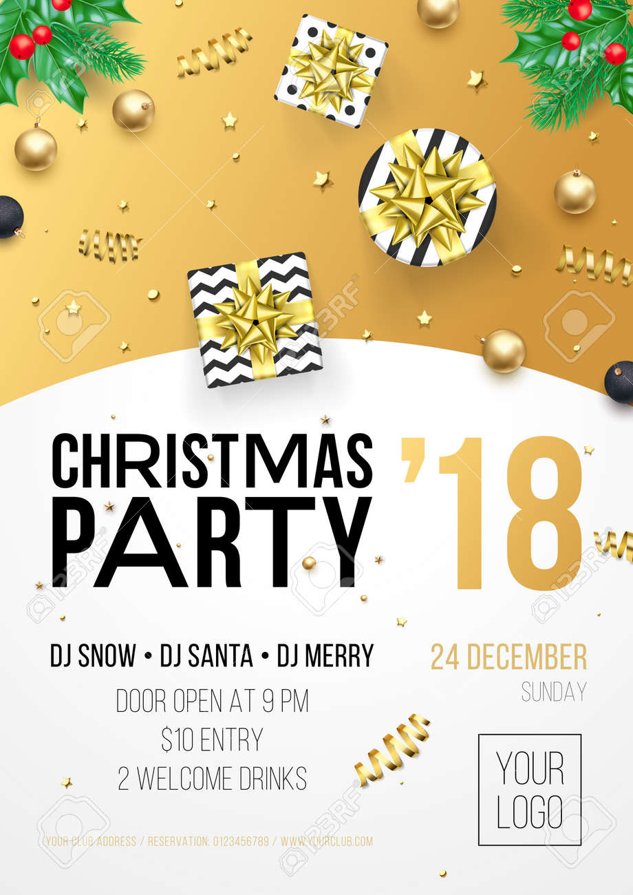 christmas new year winter holiday party celebration poster or invitation flyer design template of golden