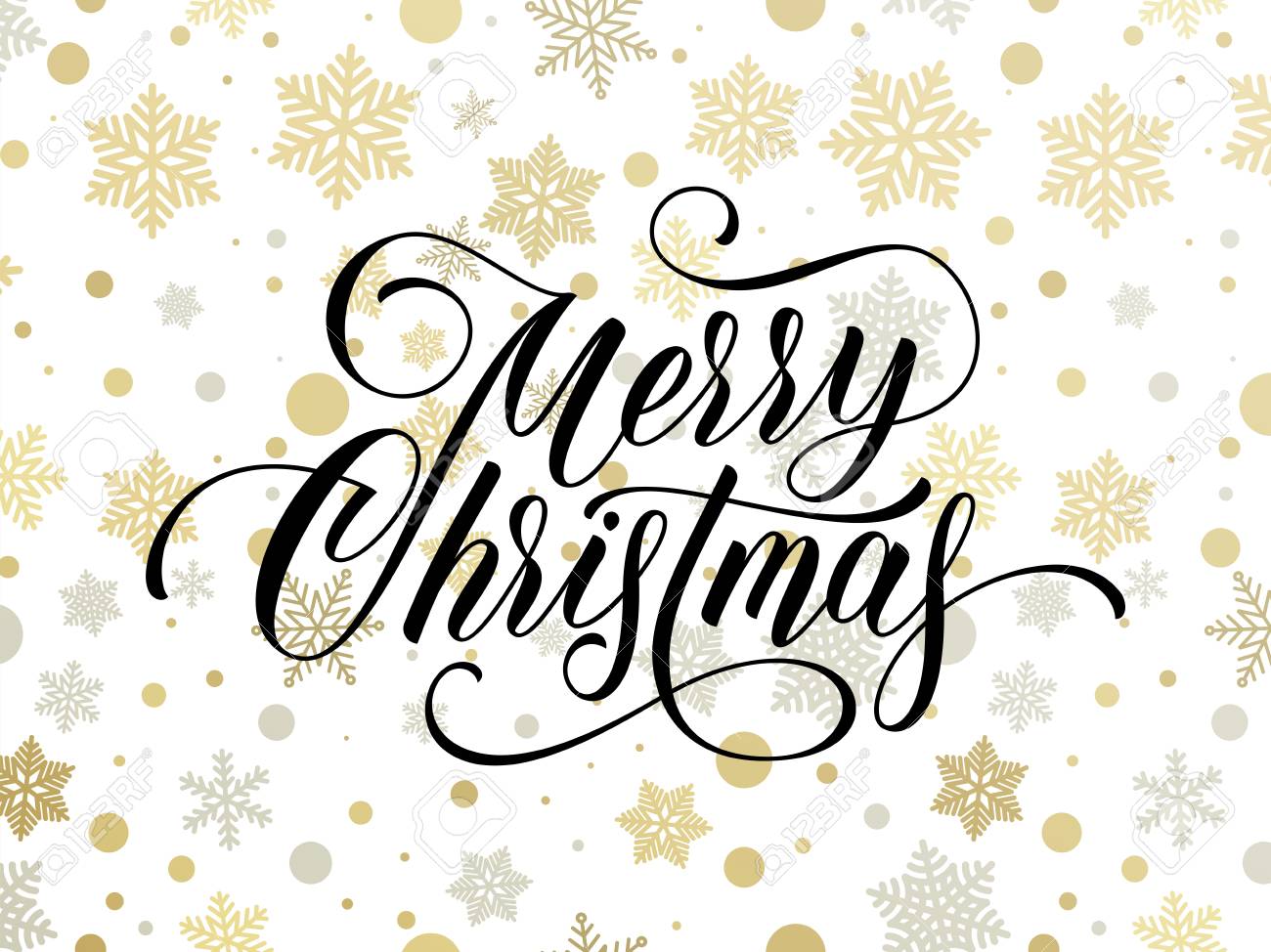 merry christmas greeting card of golden snowflakes and gold