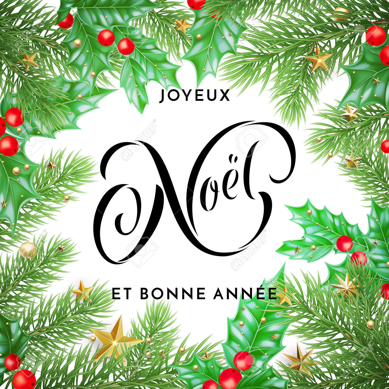Joyeux Noel Francais Joyeux Noel Et Bonne Annee Nouvel An Vacances Dessines A La Main Citation Calligraphie Carte De Voeux Sur Le Modele De Fond D Ornement Guirlande De Noel Decoration De Nouvel