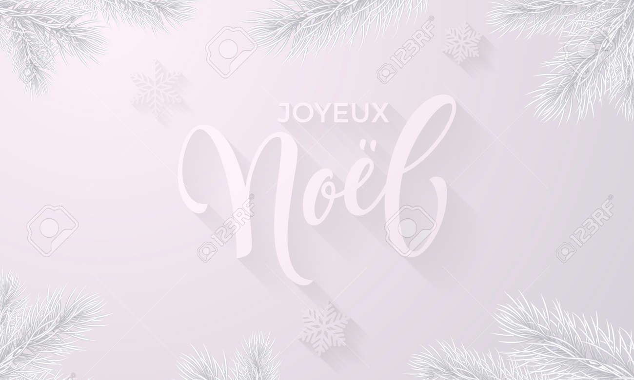 ジョワイユ ノエル フランス語メリー クリスマス グリーティング カードと雪の白の背景に雪の結晶の氷書道フォントを凍結します ベクトル クリスマスや新年冬休日プレミアム氷モミ枝装飾のイラスト素材 ベクタ Image