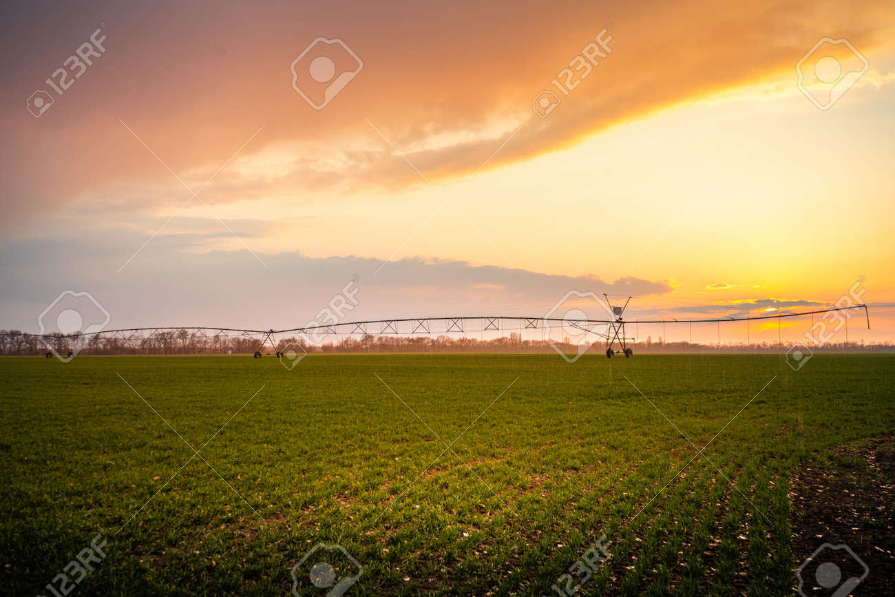 Automated farming irrigation system in sunset - 167392560 Automated farming irrigation system in sunset - 167392560
