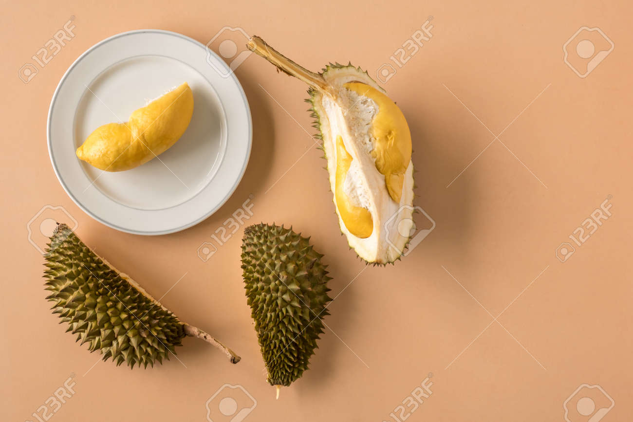 King of Fruits, Durian on brown background. Copy space - 101738350 King of Fruits, Durian on brown background. Copy space - 101738350