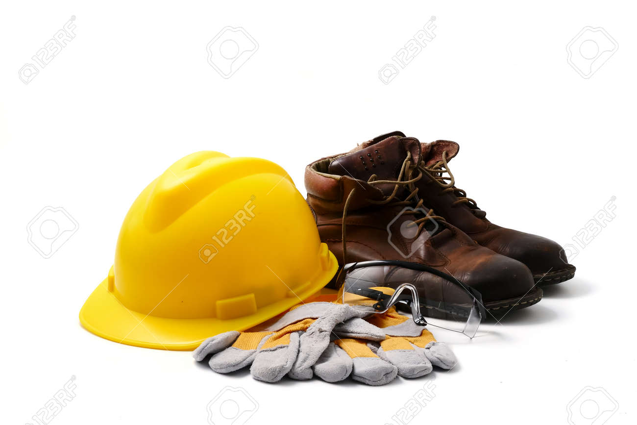 Construction site safety. Personal protective equipment on white background - 104953814 Construction site safety. Personal protective equipment on white background - 104953814