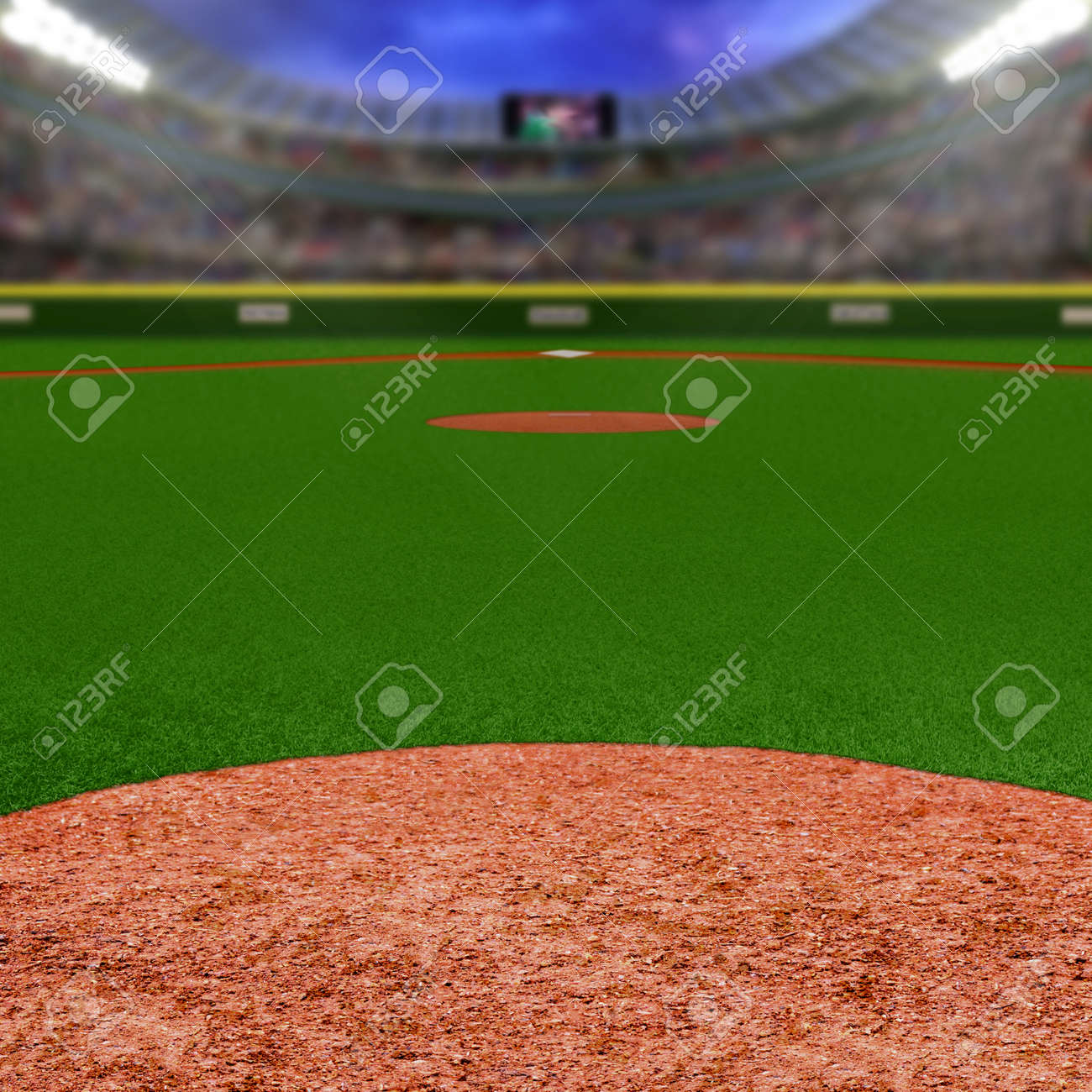 野球場スタンドのファンの完全なコピーの領域 背景にフィールドの浅い深さでフォア グラウンド内野土粘土の意図的な焦点は 投光照明の効果とコピー スペースをフレアします の写真素材 画像素材 Image