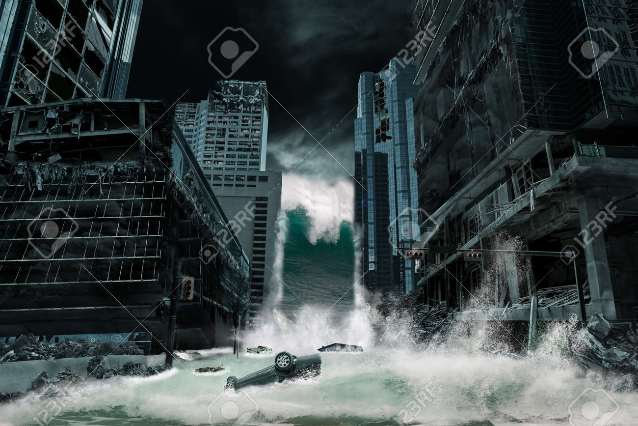 a cinematic portrayal of a city destroyed by tsunami waves elements