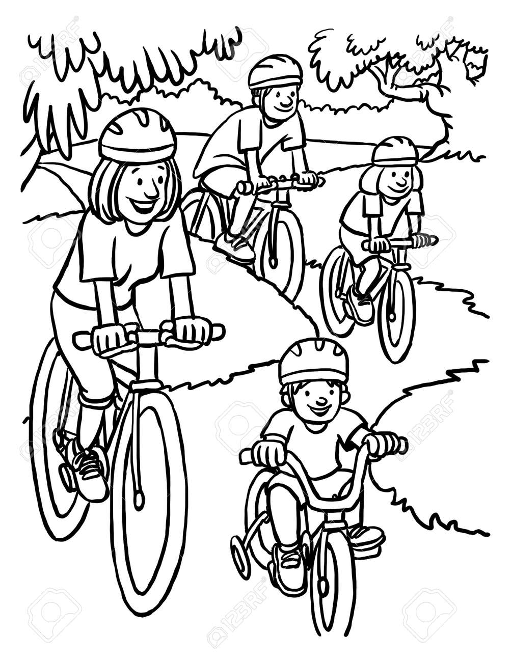 Coloring Page Of Family Biking Stock Photo Picture And Royalty Free Image Image 125684832