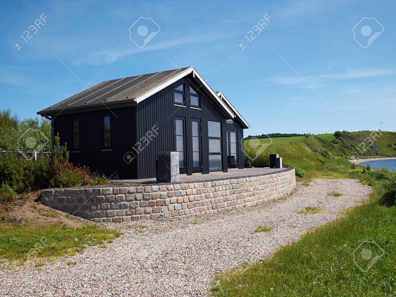 Modern Design Wooden Black Vacation Summer Beach House By The Stock Photo