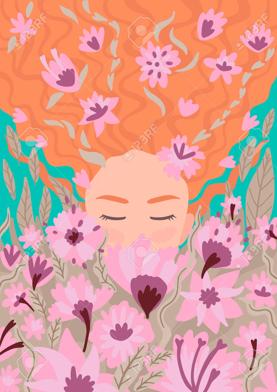 Woman with long hair. Smelling flowers, closed her eyes, around..