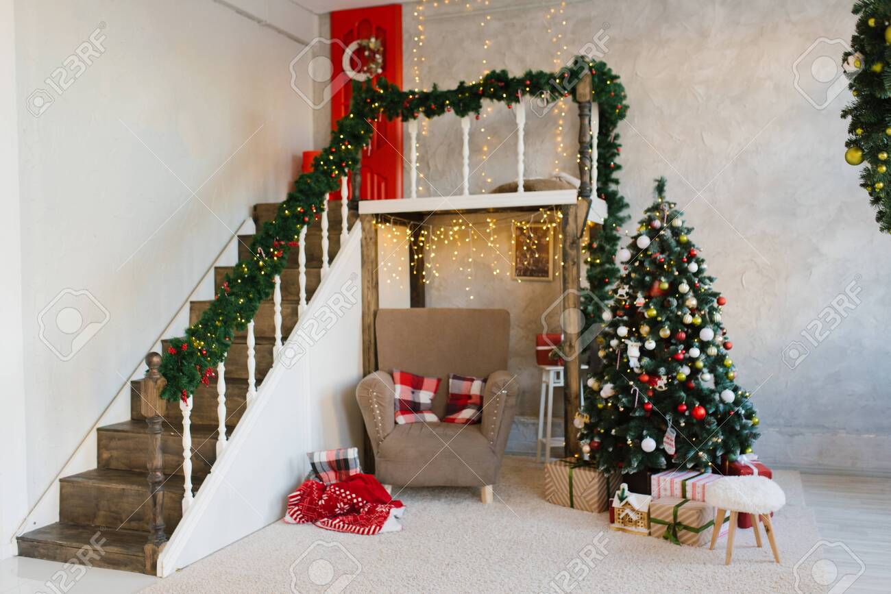 Traditional Living Room With A Christmas Tree In Red And White Stock Photo Picture And Royalty Free Image Image 133116616