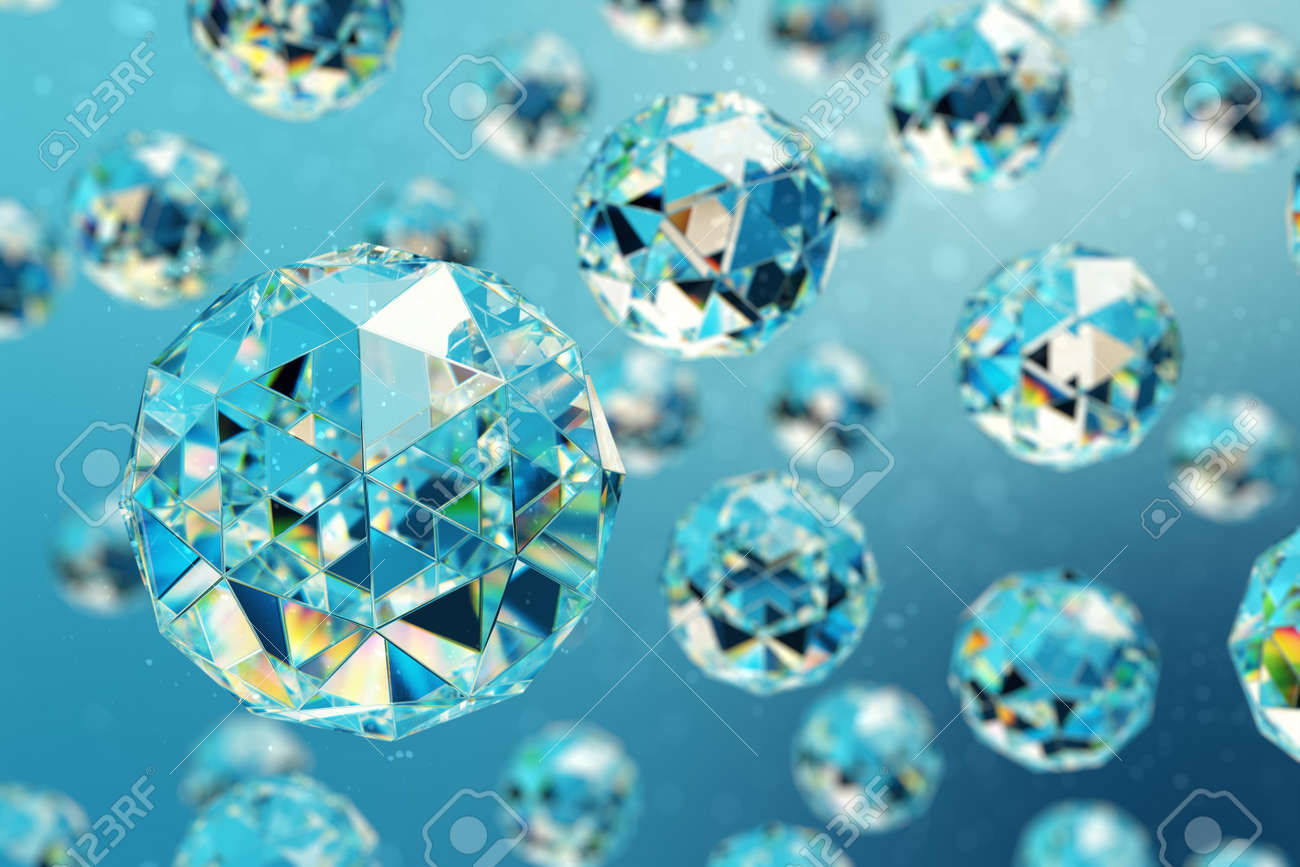 宝石やダイヤモンドからなるカオス低ポリ球の3dイラスト抽象的な背景 ほこりっぽい空間の粒子 被写界深度の背景 ボケ味 の写真素材 画像素材 Image