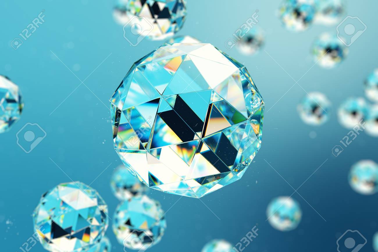 宝石やダイヤモンドからなるカオス低ポリ球の3dイラスト抽象的な背景 ほこりっぽい空間の粒子 被写界深度の背景 ボケ味 の写真素材 画像素材 Image