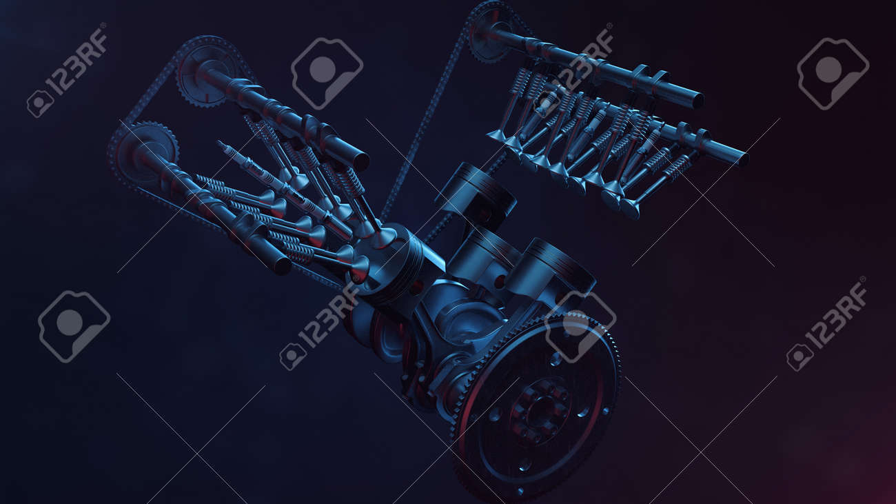 内燃機関の3dイラスト エンジン部品 クランクシャフト ピストン 燃料供給システム V6エンジンは黒い背景にクランクシャフトをピストン 車内のエンジンの イラスト の写真素材 画像素材 Image