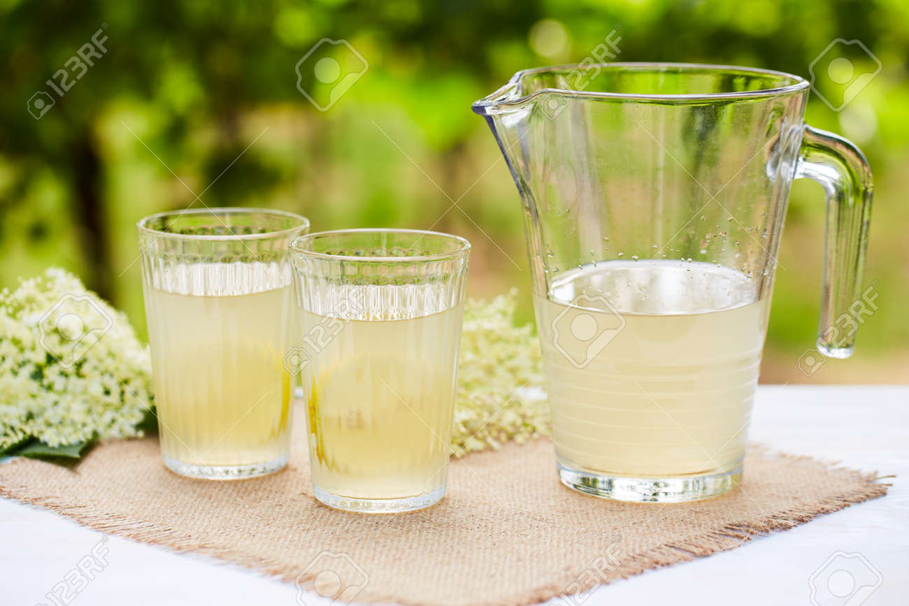 Two Glasses And A Jug Of Elderflower Lemonade Stock Photo Picture And Royalty Free Image Image 81939956