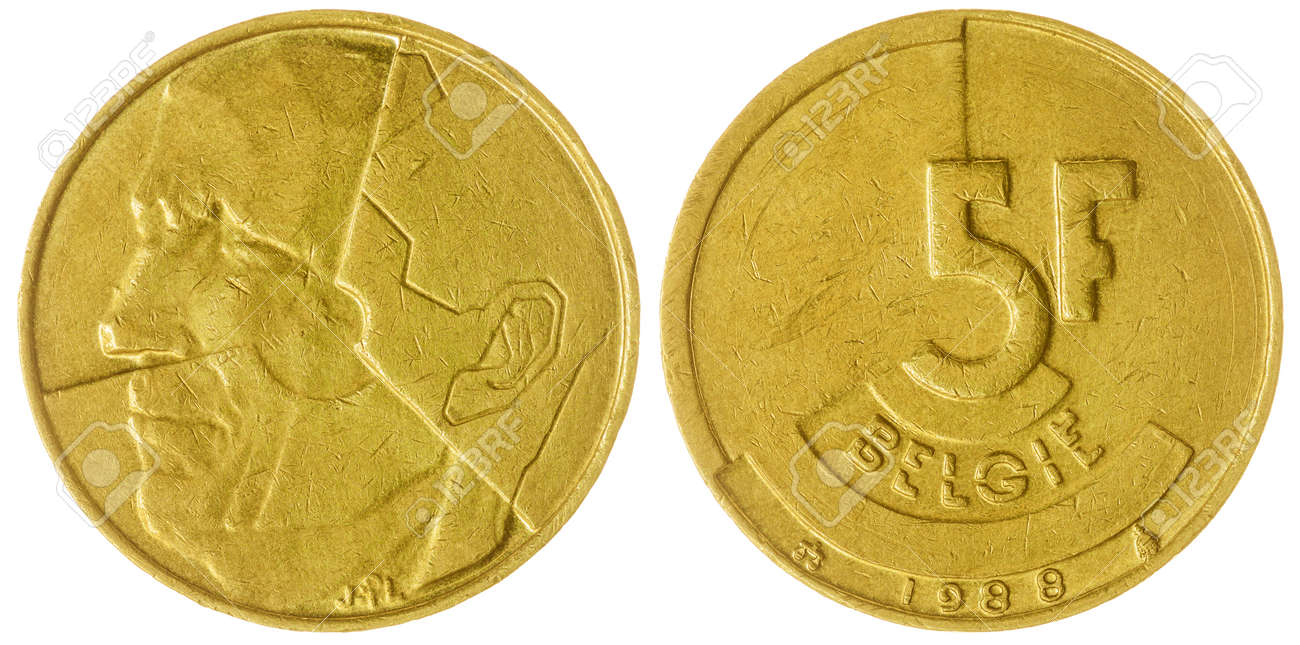 アルミニウム青銅の 5 フラン 1988年コイン ベルギー ホワイト バック グラウンドの分離の写真素材・画像素材 Image 64517159