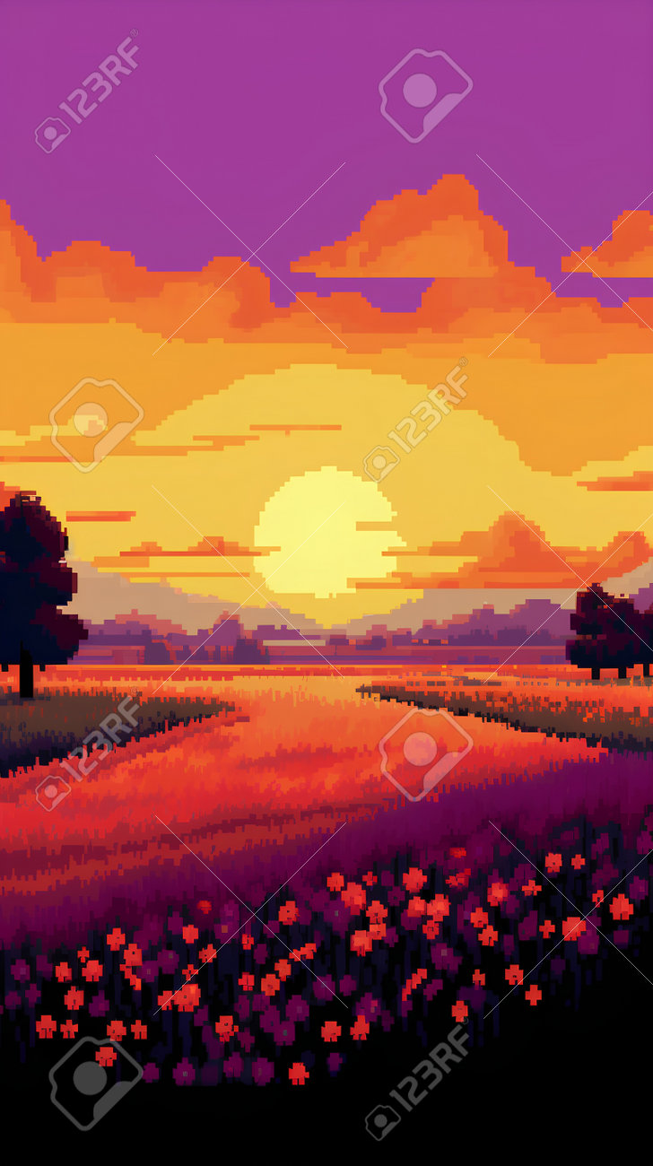 風景画 夕日と花畑 夕焼けとカラフルな花畑イラスト - No: 23946683